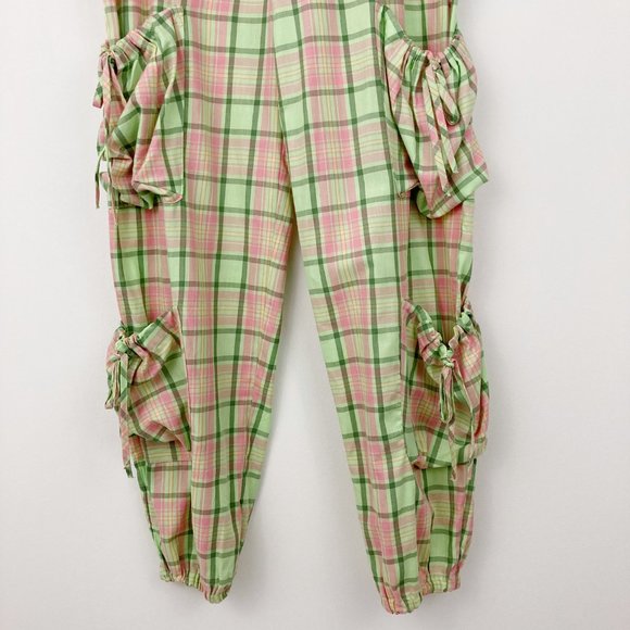 The Ragged Priest Symbol Plaid Cargo Pants Size S Hi-rise Green Pink 100% Cotton - Picture 4 of 9